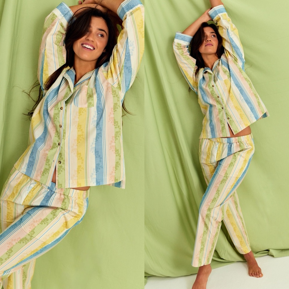 NWT PARTERRE Primrose Floral Striped Cotton Green Yellow Blue Pajamas Pants
